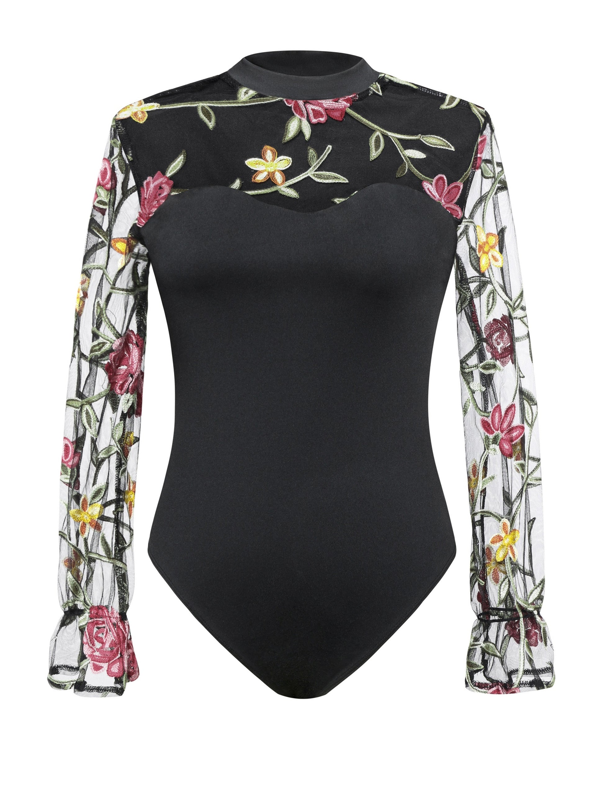 Chic Floral Embroidered Mock Neck Bodysuit - Aesthetic, Sheer Long Sleeve, Snug One-Piece for Women MyFave Boutique