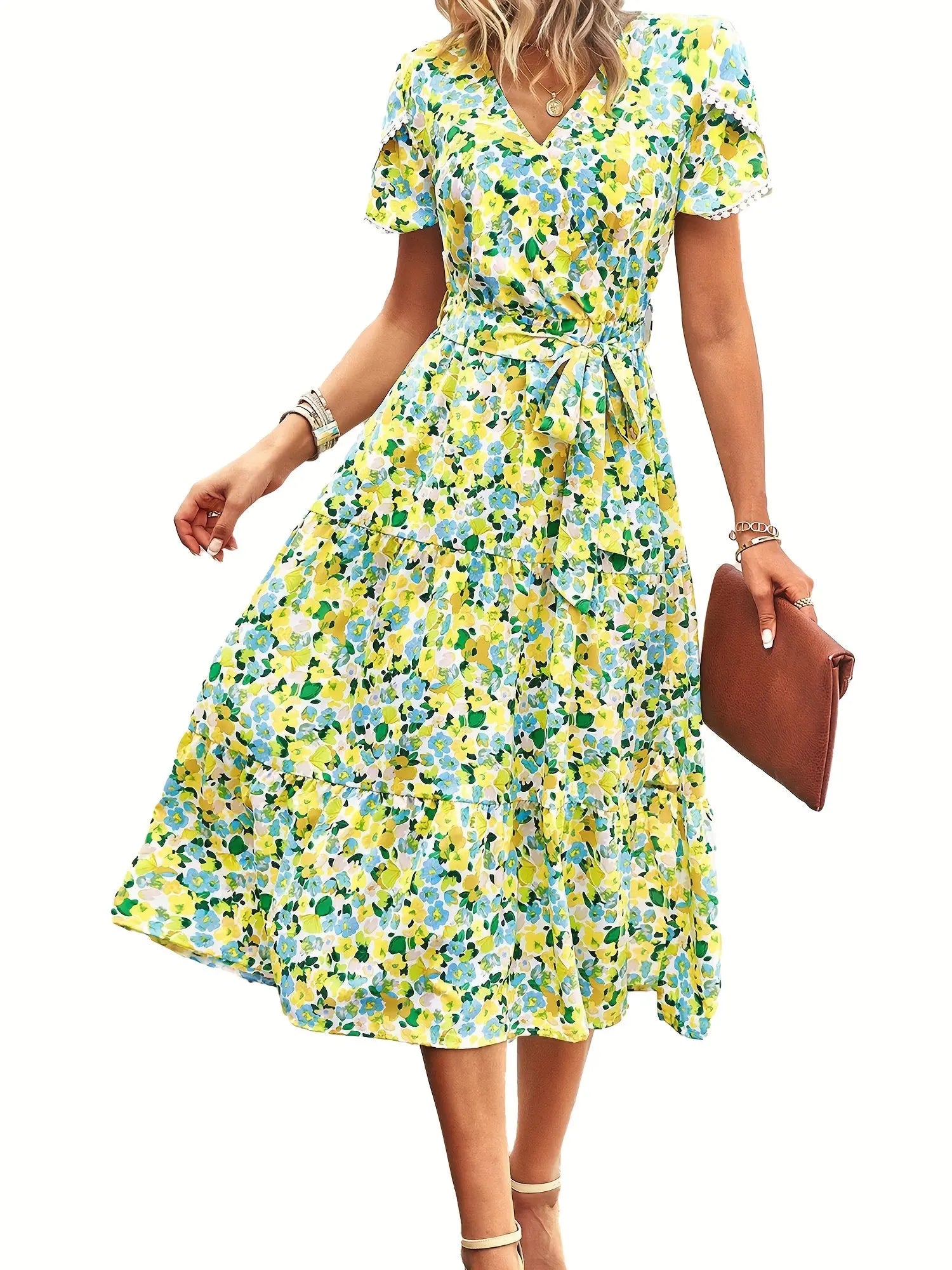 Floral Print Lace Up A-line Dress, Casual V Neck Short Sleeve Dress For Spring & Summer, Women's Clothing MyFave Boutique