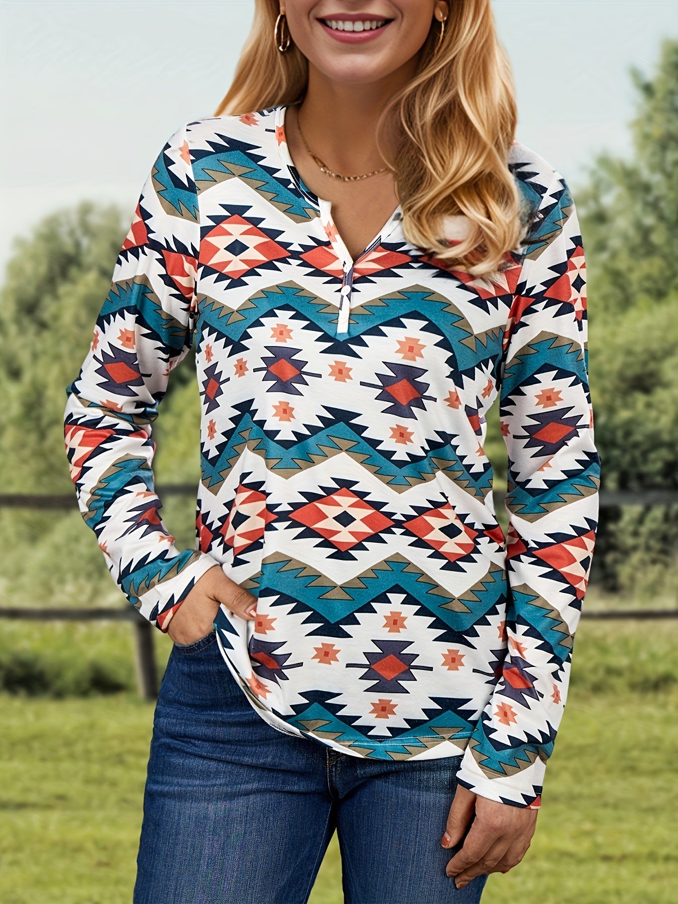 Womens Long Sleeve T Shirts Aztec Western Henley Tops Ladies Graphic Tees Casual V Neck Loose Fit Blouse MyFave Boutique