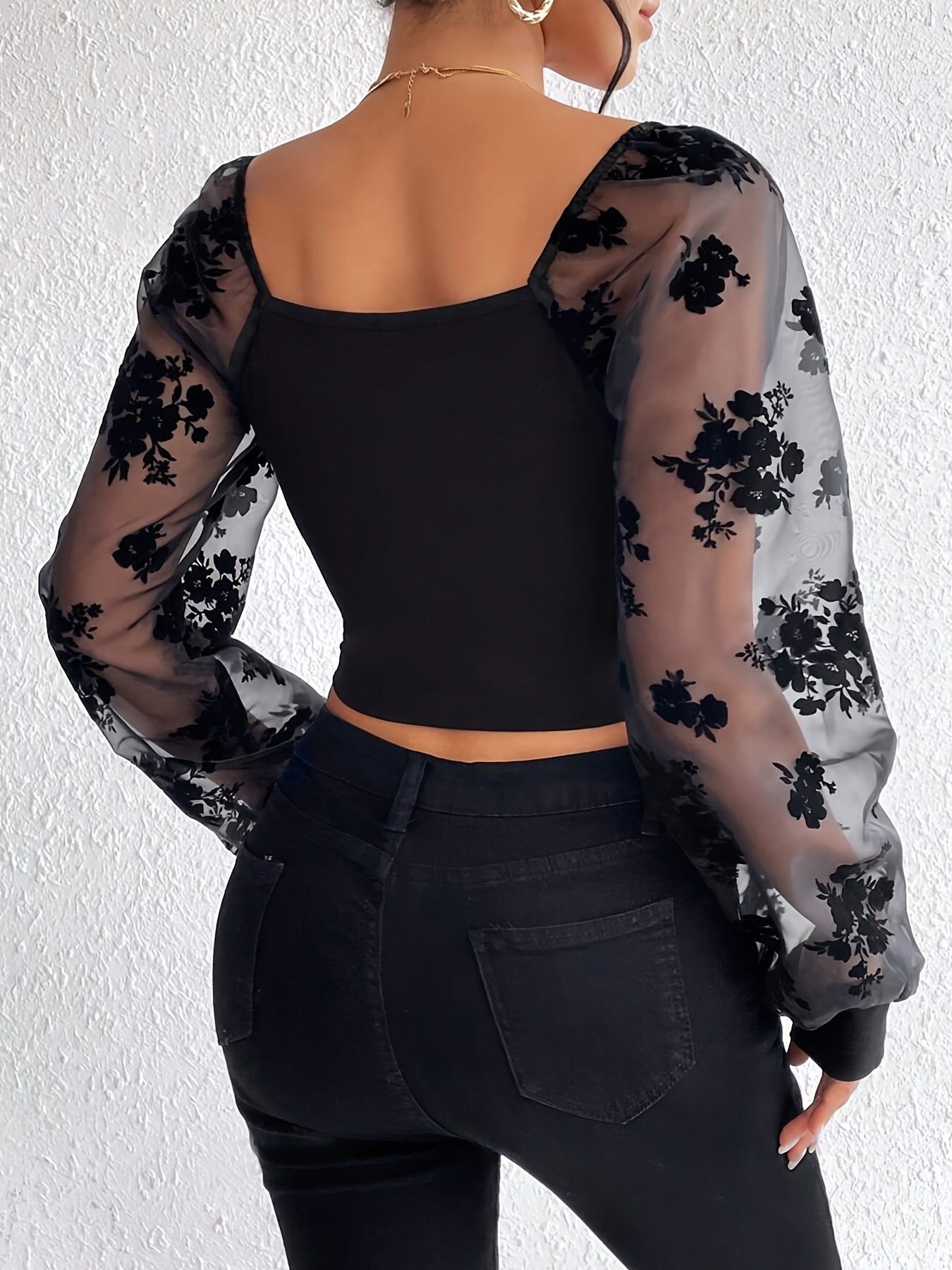 Stylish Lace Accent Sweetheart Neck Long Sleeve T-Shirt - Women's Clothing - Elegant Slim Fit for Spring & Fall Seasons - Soft Fabric, Comfortable Wear MyFave Boutique