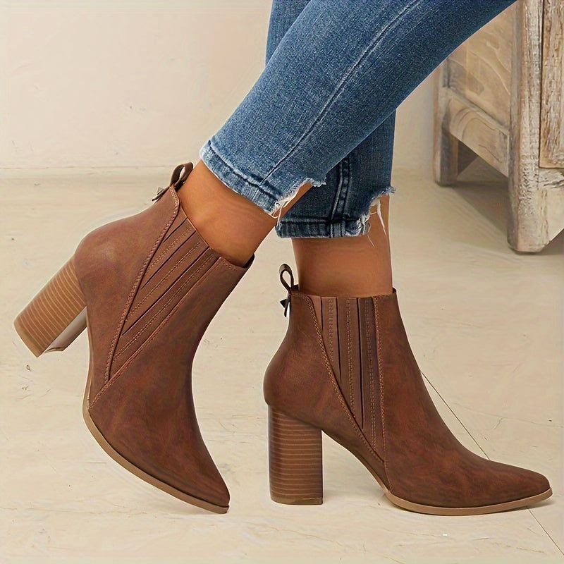 Trendy Women's Slip-On Chunky Heel Ankle Boots - Pointed Toe Chelsea Style for Casual Comfort and Style MyFave Boutique