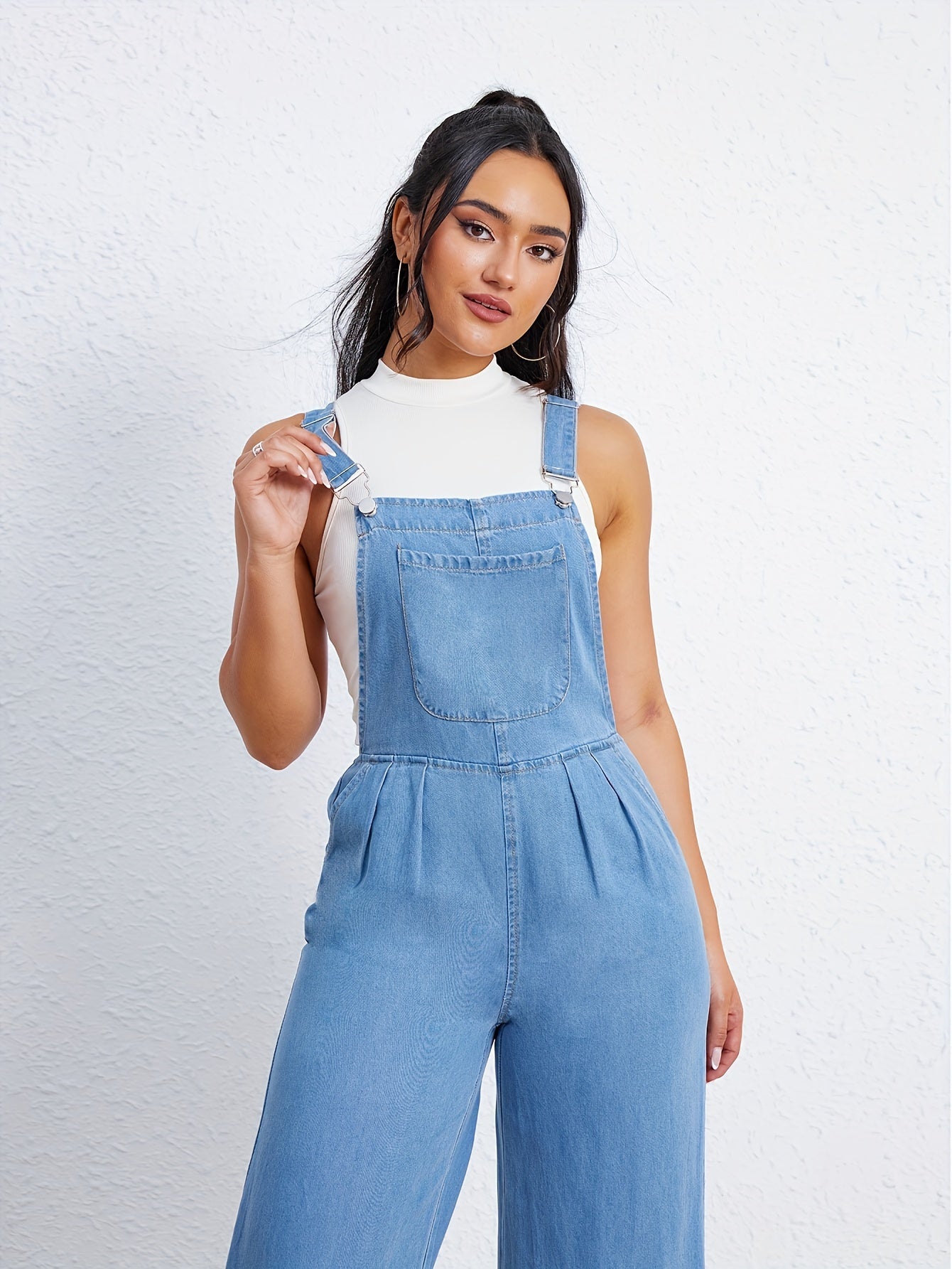 Women's Plain Washed Blue Loose Fit Casual Style Denim Dungarees Sleeveless Jeans Overalls With Side Pockets MyFave Boutique