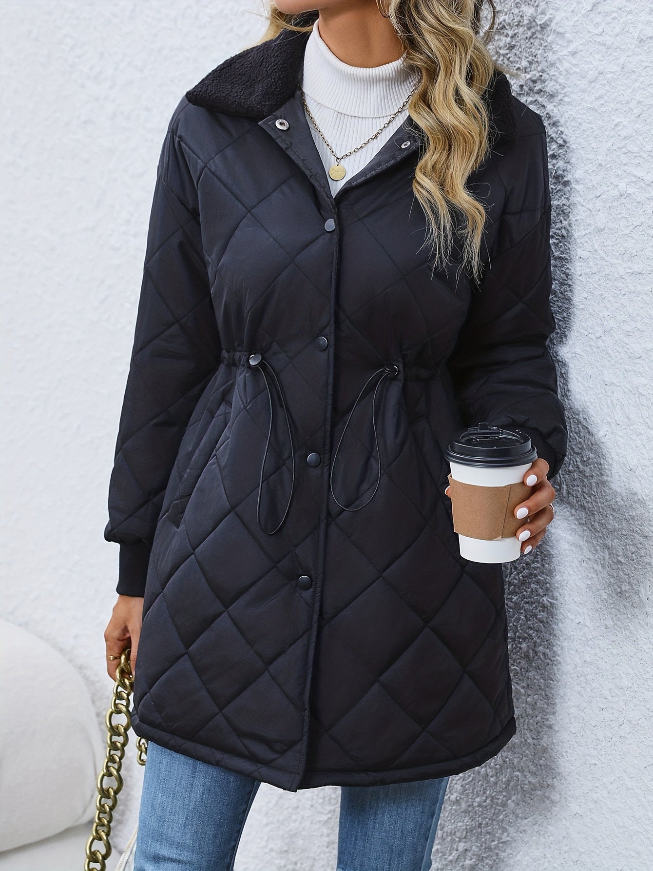 Argyle Solid Coat, Casual Button Front Long Sleeve Outerwear, Women's Clothing MyFave Boutique