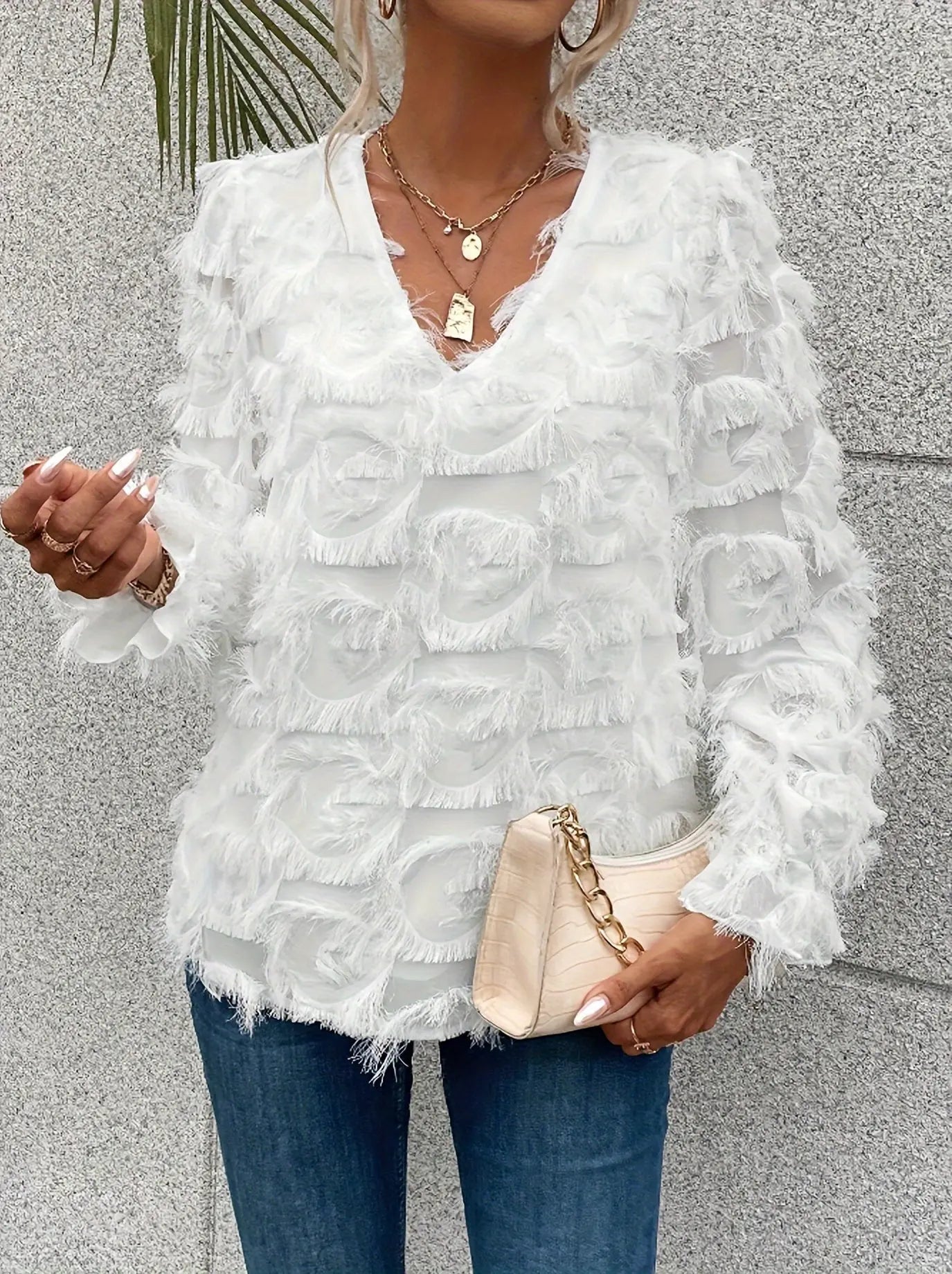 Tassel Decor V Neck Blouse, Elegant Long Lantern Sleeve Top For Spring & Fall, Women's Clothing MyFave Boutique