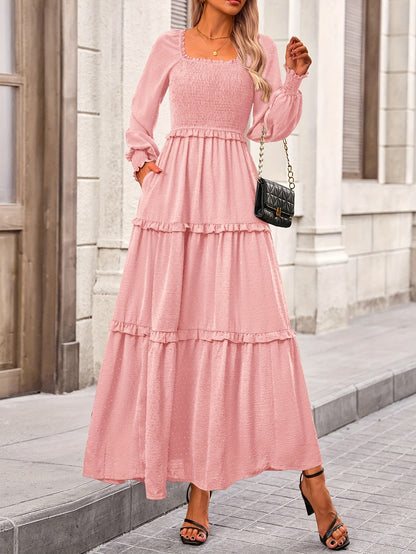 Women's Long Sleeve Smocked Maxi Dress Casual Square Neck Swiss Dot Tiered Ruffle Flowy Pocket Dresses MyFave Boutique