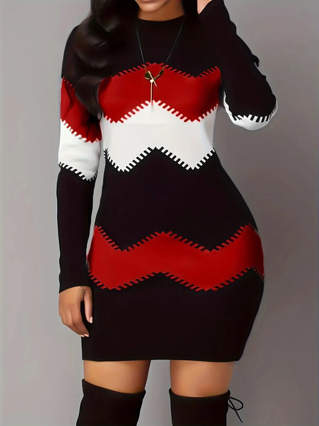 Women's Retro-Inspired Stretchy Bodycon Dress with Geometric Print - Long Sleeve, Crew Neck, Machine Washable MyFave Boutique