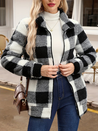 Plaid Fuzzy Zip Front Coat, Casual Long Sleeve Fall & Winter Warm Outerwear, Women's Clothing MyFave Boutique