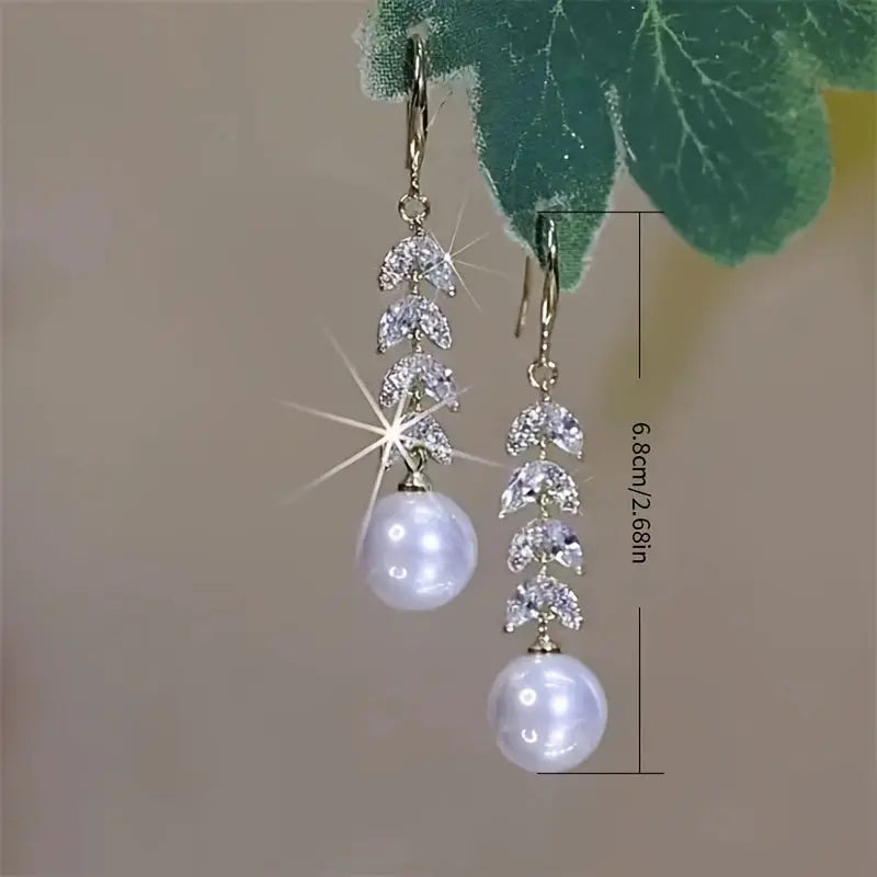 Unique Leaf Imitation Pearl Design Dangle Earrings Zinc Alloy Jewelry Rhinestones Inlaid Elegant Luxury Style For Women Dating Earrings MyFave Boutique