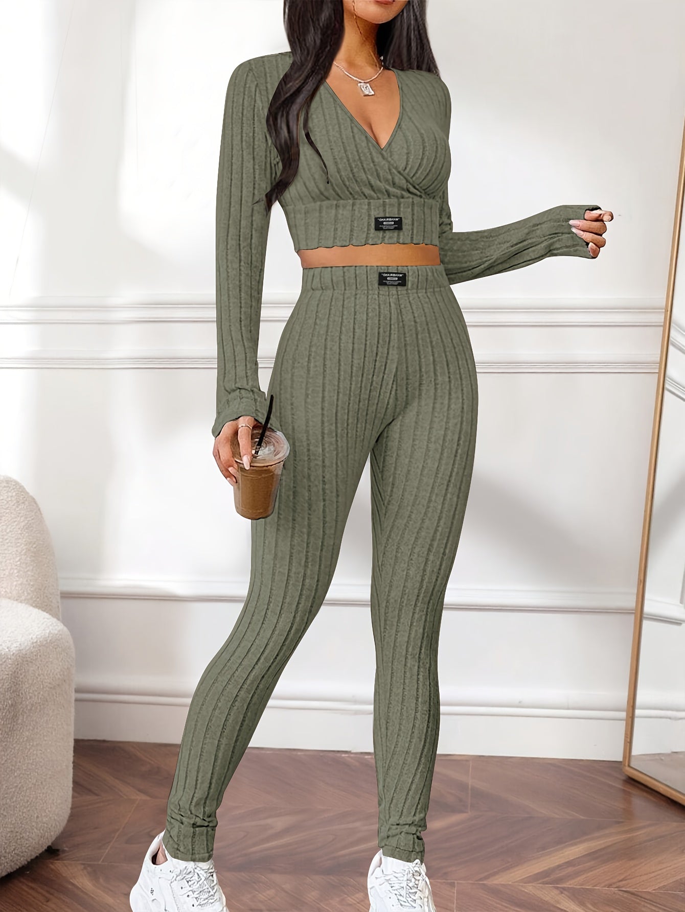 two-piece Women's Ribbed Casual Set - V Neck Long Sleeve Crop Top and Pants Outfit for Comfortable and Stylish Everyday Wear MyFave Boutique