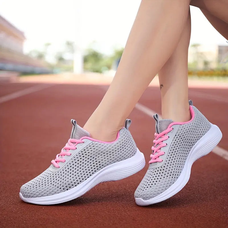 Women's Solid Color Mesh Snerakers, Lace Up Soft Sole Platform Fitness Shoes, Low-top Breathable Running Shoes MyFave Boutique