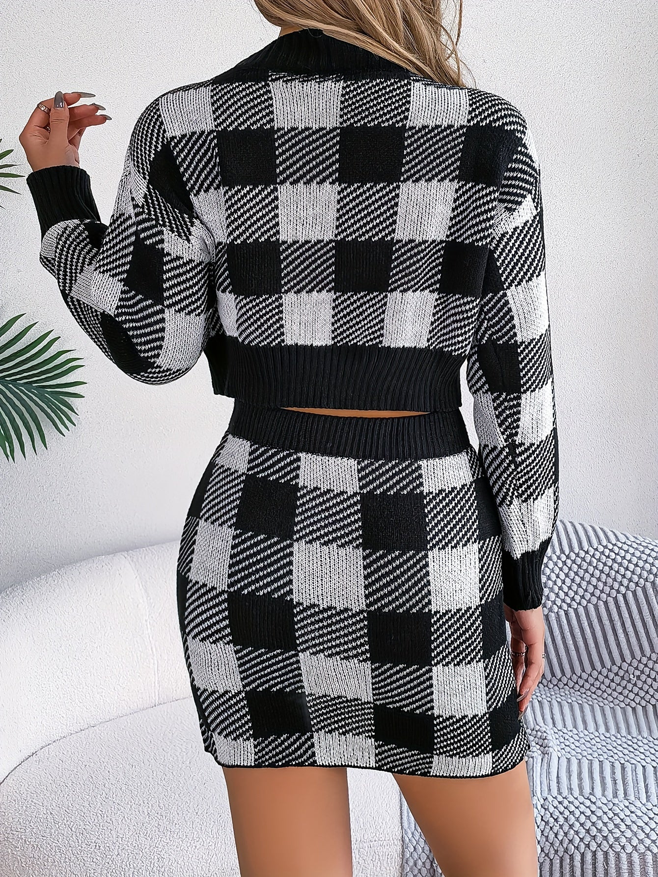 Plaid Pattern Knitted Two-piece Skirt Set, Crew Neck Long Sleeve Top & High Waist Skirts Outfits, Women's Clothing MyFave Boutique