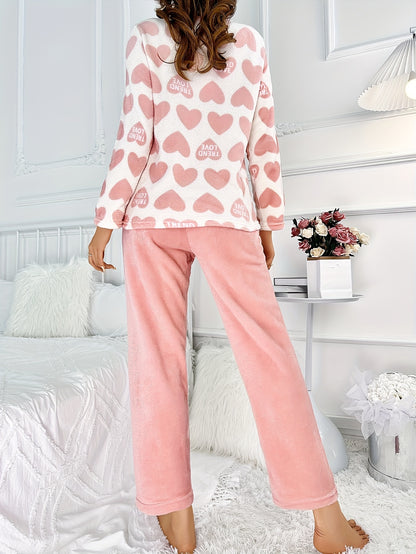 Cozy Heart Print Pajama Set for Women - Long Sleeve Top and Elastic Waistband Pants for Comfortable Sleep and Lounging MyFave Boutique