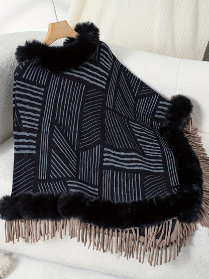 Stripe Pattern Fringe Hem Fuzzy Trim Poncho, Elegant Thermal Hanky Hem Crew Neck Cape For Fall & Winter, Women's Clothing MyFave Boutique