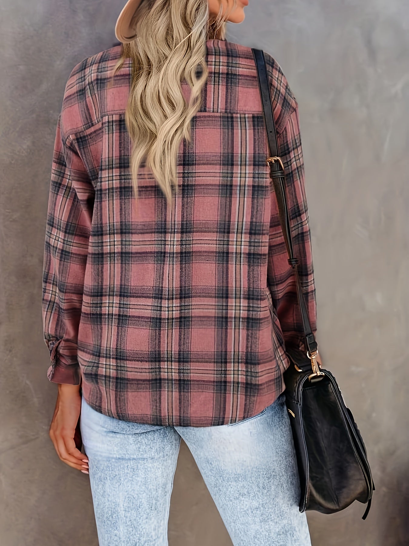 Women's Long Sleeve Plaid Shirt Flannel Collared Button-Up Jacket Casual Rolled Hem Boyfriend Shirt Tops MyFave Boutique