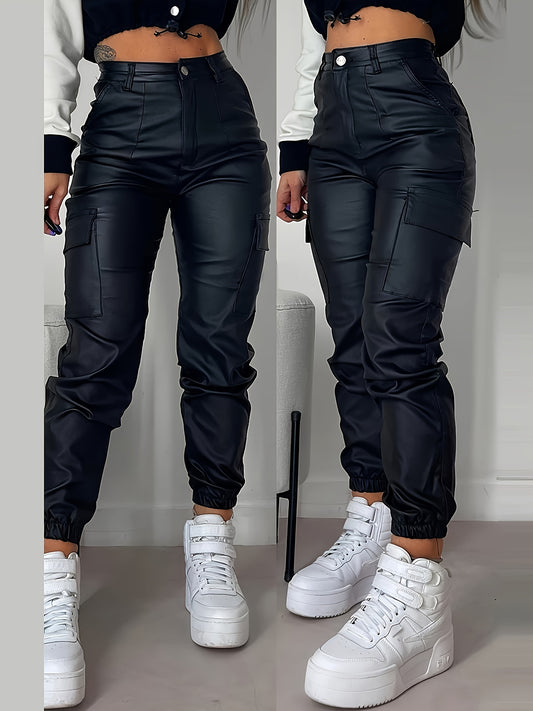 Women's Black Color Plain Coated High Waisted Casual Pants With Pocket, Women's Denim Jeans & Clothing MyFave Boutique