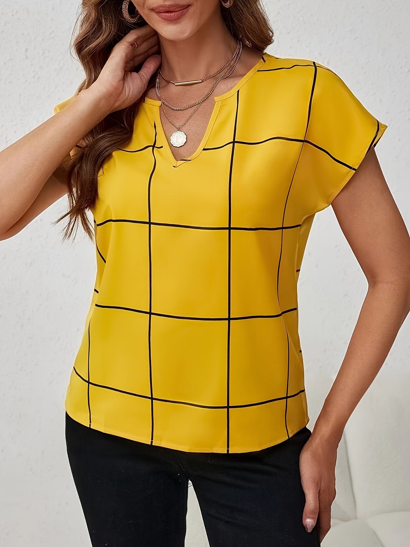 Women's Short-sleeved Dress Shirt With Collar, Suitable For Office Work. Features Grid Pattern And Floral Notch Collar. Perfect For Spring And Summer Casual Wear, Women's Clothing. MyFave Boutique