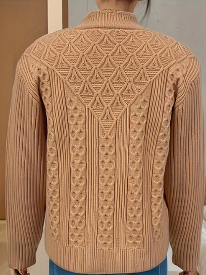 Cable Knit Mock Neck Sweater, Vintage Long Sleeve Sweater For Fall & Winter, Women's Clothing MyFave Boutique