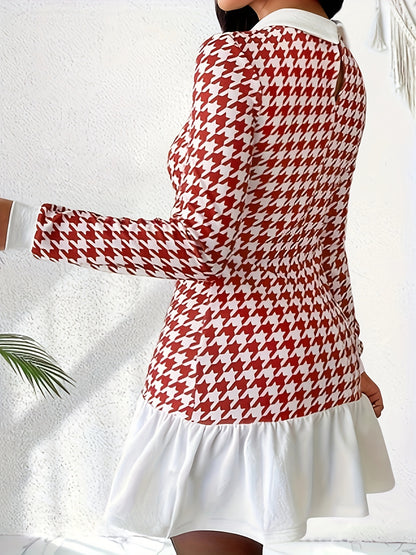 Elegant Houndstooth Print Dress with Contrasting Collar and Ruffled Hem, Polyester Knit Fabric, Long Sleeve, Fit and Flare Style for Spring/Summer/Fall - Adult Women's Polyester Blend (95% Polyester, 5% Elastane) MyFave Boutique