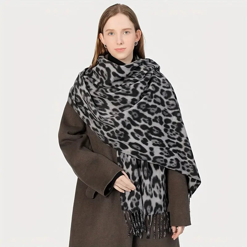 Mature Casual Leopard Tassel Scarf Stylish Imitation Cashmere Soft Warm Shawl Autumn Winter Elastic Coldproof Neck Scarf MyFave Boutique