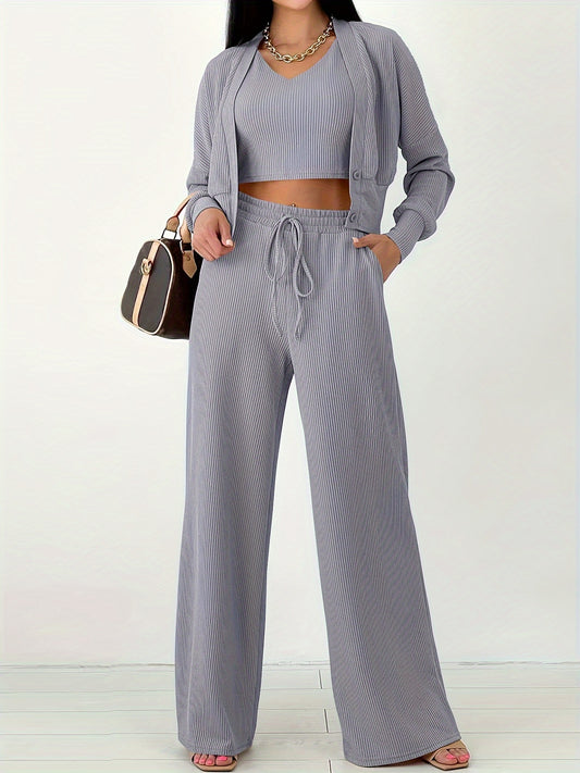 Elegant Solid Color Ribbed Three Pieces, V Neck Crop Tank Top & Button Front Long Sleeve Cardigan & Drawstring High Waist Wide Leg Pants Outfits, Women's Clothing MyFave Boutique