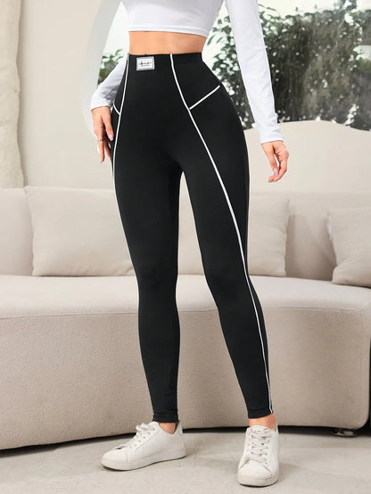 Contrast Trim High Waist Leggings, Casual Skinny Fit Leggings For Spring & Summer, Women's Clothing MyFave Boutique