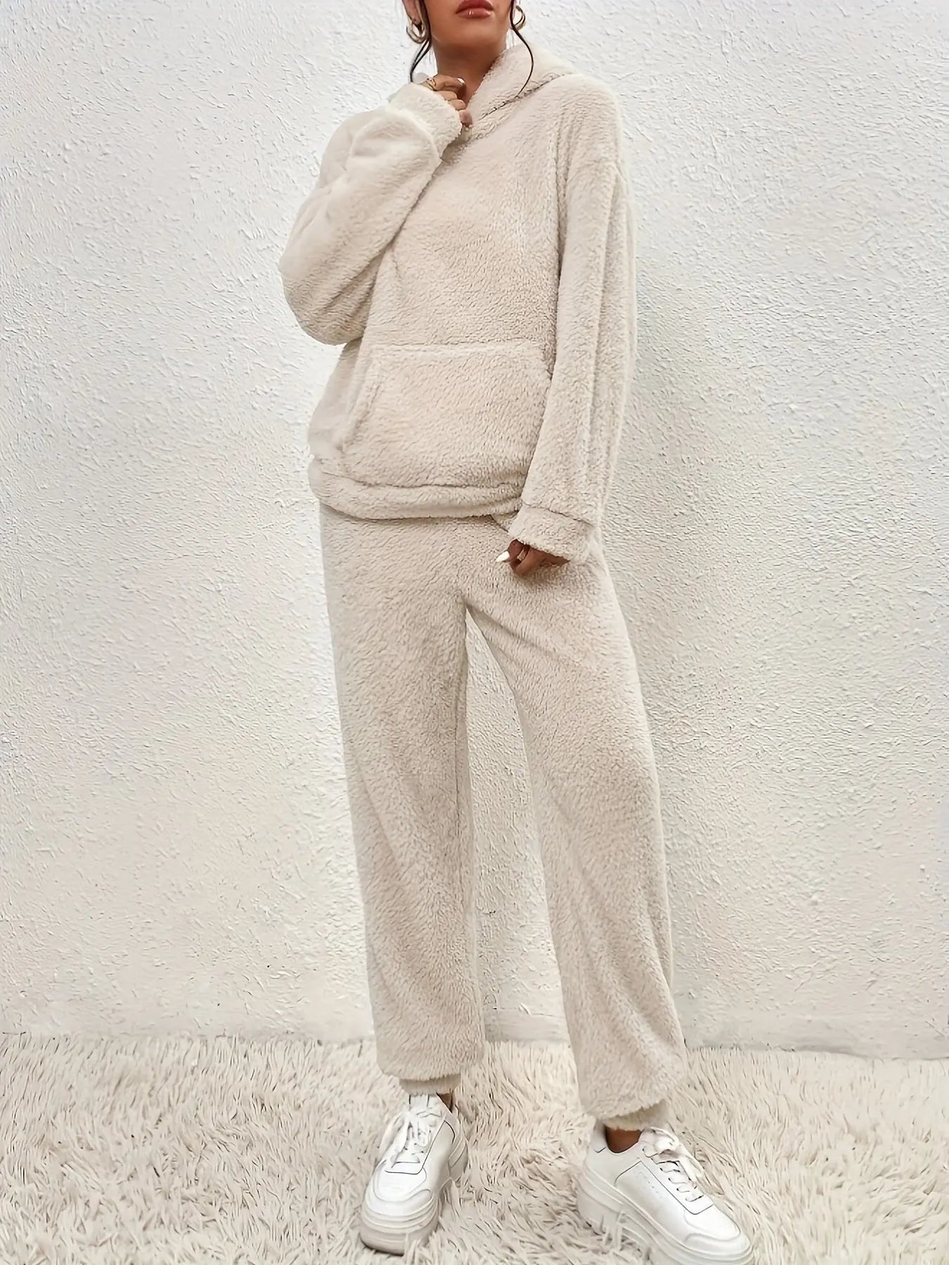 Women's Solid Fleece Thick Casual Pajama Set, Long Sleeve Hoodie With Kangaroo Pockets & Pants, Comfortable Relaxed Fit For Fall & Winter MyFave Boutique