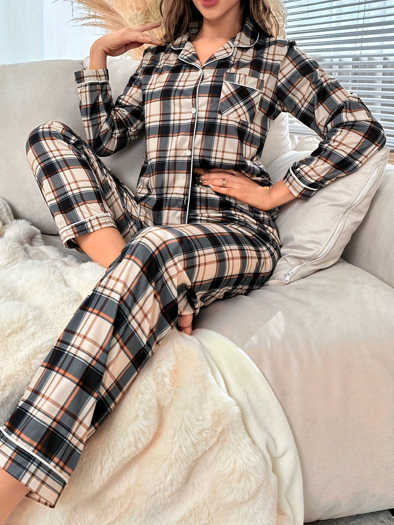 Women's Plaid Print Casual Pajama Set, Long Sleeve Buttons Lapel Top & Pants, Comfortable Relaxed Fit For Fall MyFave Boutique