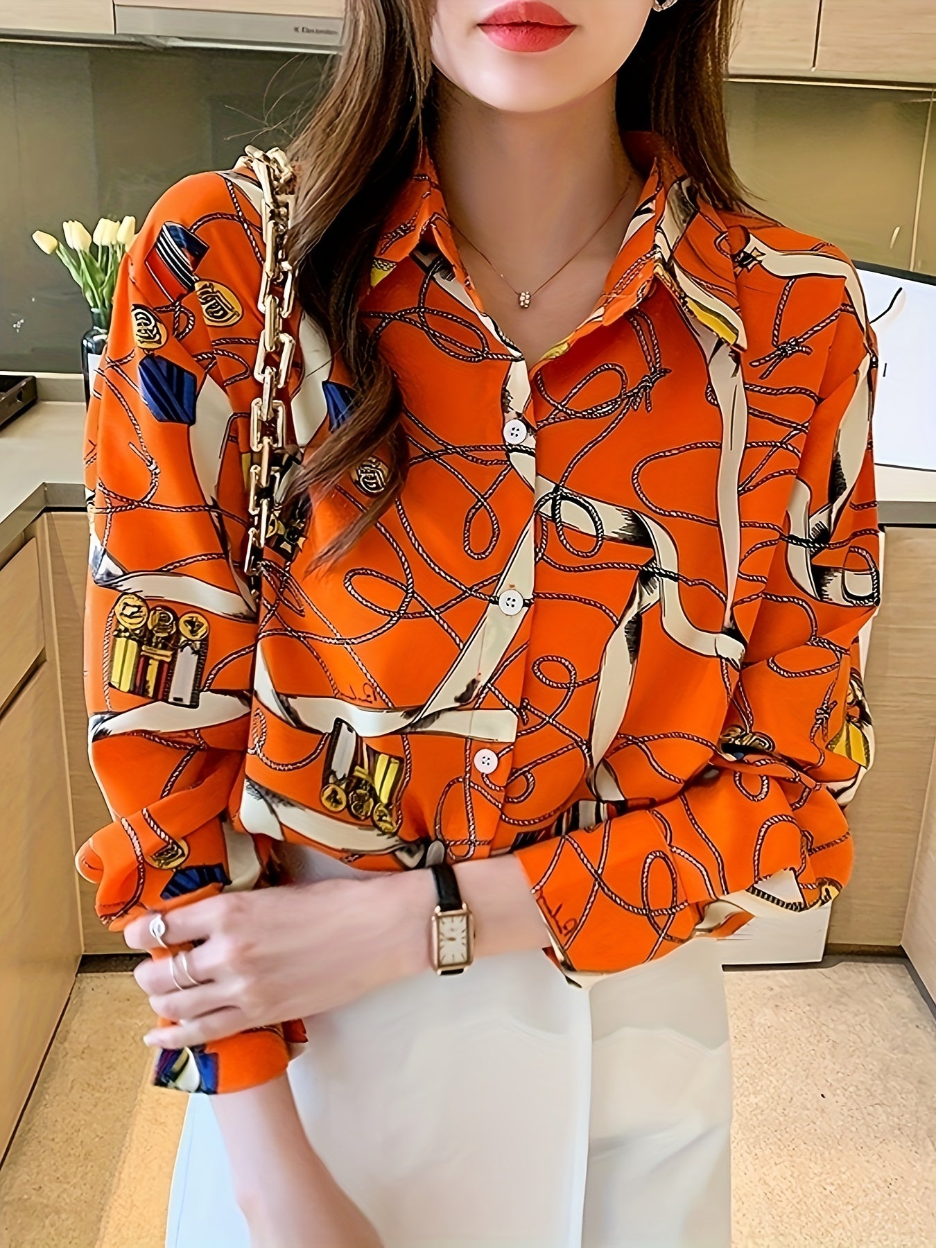 Chain Print Button Down Blouse, Elegant Collared Long Sleeve Blouse For Spring & Fall, Women's Clothing MyFave Boutique