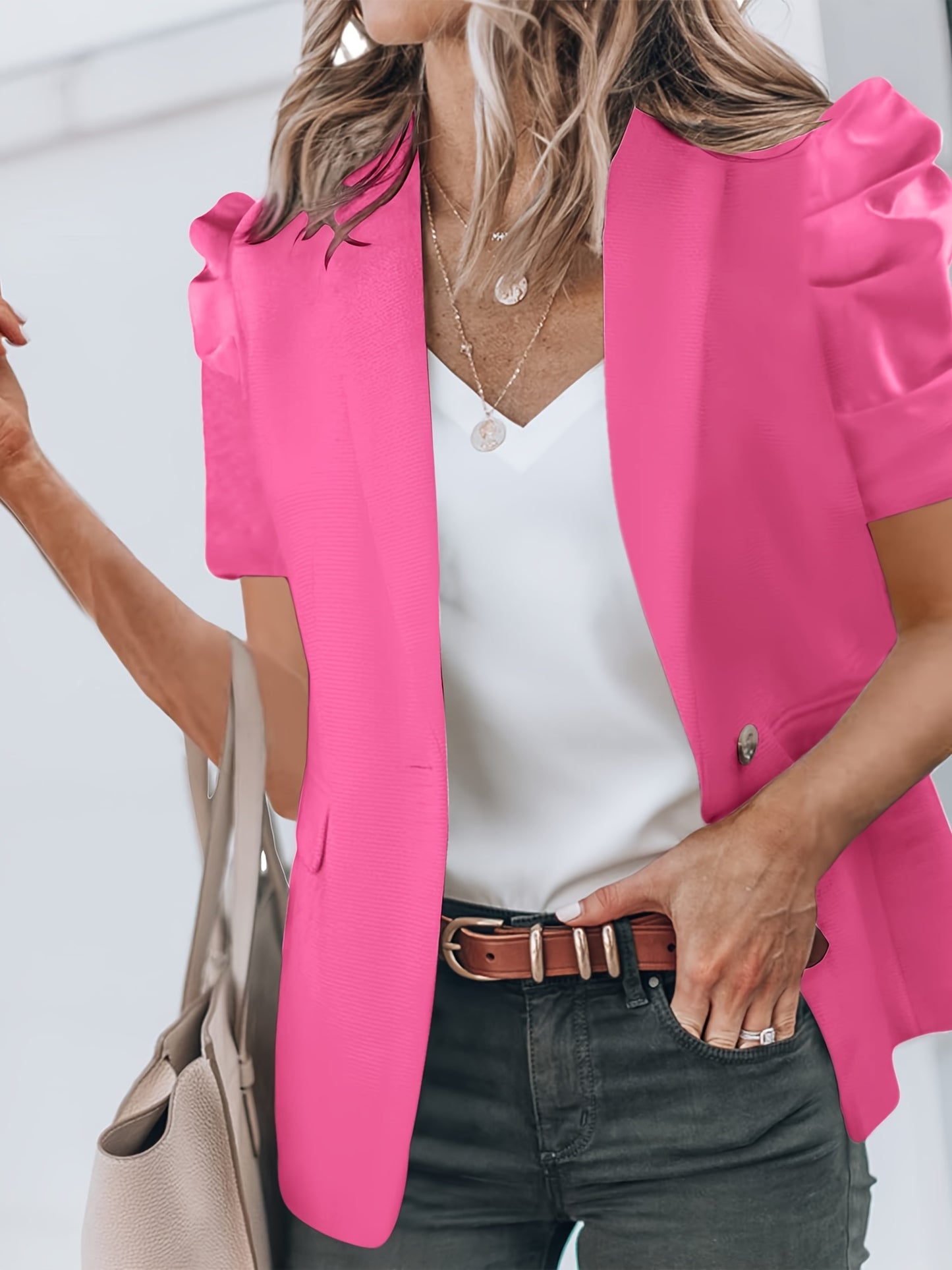 Solid Color Open Front Blazer, Elegant Puff Sleeve Button With Pockets Blazer For Spring & Summer, Women's Clothing MyFave Boutique