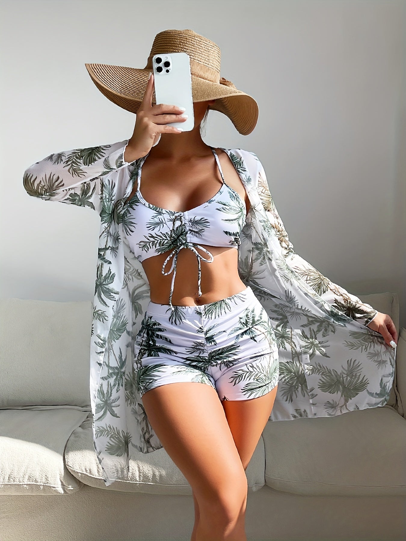 3-pieces Women's Geometric Print Bikini Set with Boxer Short Bottom and Cover Shirt - Long Sleeve Swimsuit for Valentine's Day MyFave Boutique