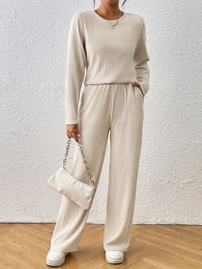 Solid Matching Two-piece Pants Set, Casual Long Sleeve Crew Neck Top & Loose Slant Pocket Straight Leg Pants Outfits For Spring & Fall, Women's Clothing MyFave Boutique