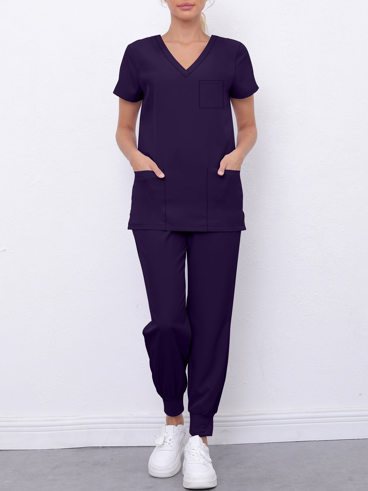 two-piece Women's Medical Scrub Set: V-Neck Short Sleeve Top & Pants with Pockets MyFave Boutique