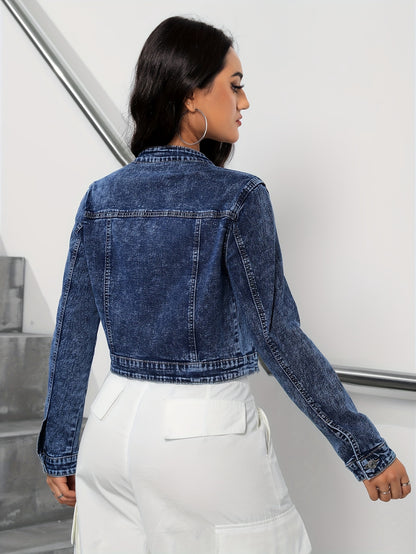 Women's Fashionable Cropped Denim Jacket, Casual Style, Zip-Up Jean Outerwear with Pockets, Versatile and Modern Look for Everyday Wear For Fall & Winter MyFave Boutique