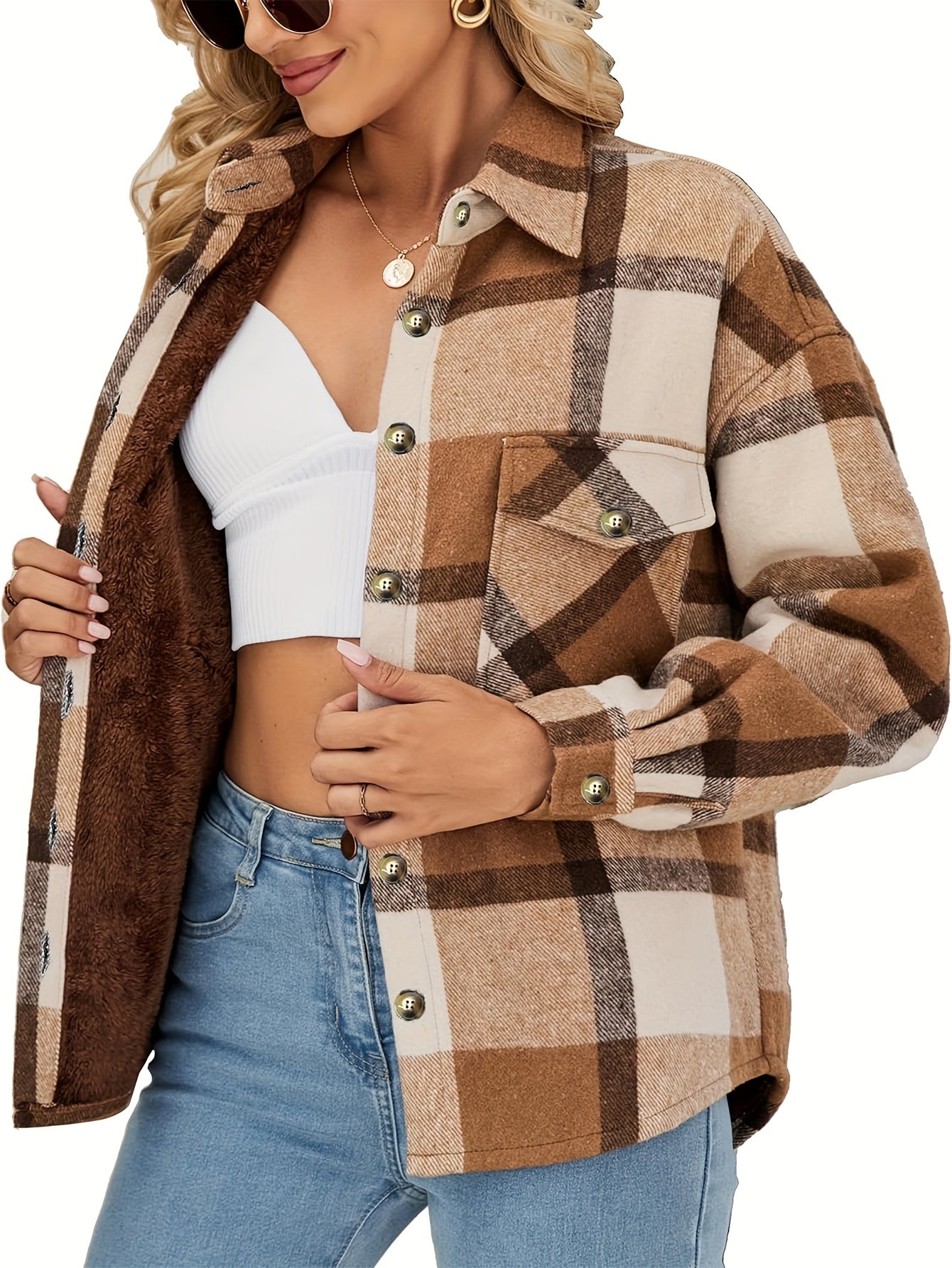 Plaid Print Button Front Jacket, Casual Lapel Neck Flap Pockets Long Sleeve Jacket For Winter & Fall, Women's Clothing MyFave Boutique