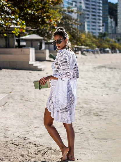 Women's Hollowed Out Knitted Trumpet Sleeve Beach Cover Up With Front Short And Back Long Waist Drawstring Vacation Beach Bikini Cover Up MyFave Boutique