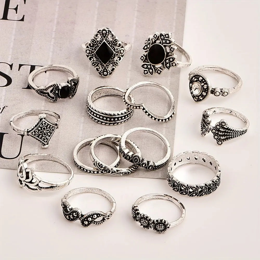 15-piece women's hollowed-out lotus knuckle ring, crown set with Drops, Didi vintage overlapping ring MyFave Boutique