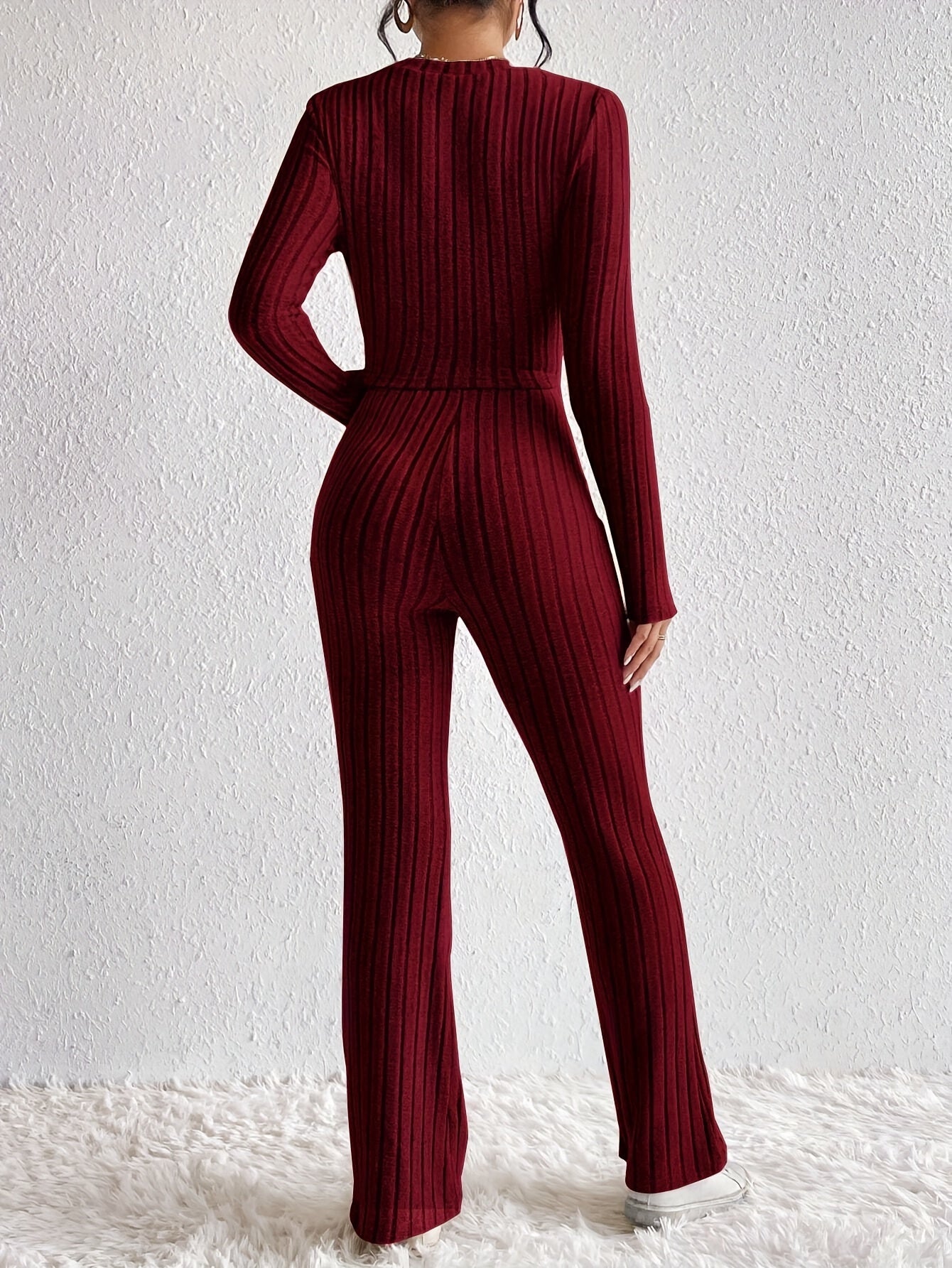 Elegant French Twist-Knot Women's Outfit - Ribbed Long Sleeve Top & Pants Set, Machine Washable, Polyester - Perfect for Fall/Winter MyFave Boutique