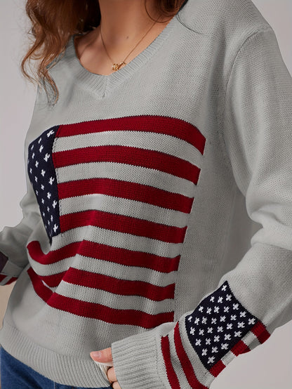 American Flag Print V Neck Sweater, Casual Long Sleeve Sweater For Spring & Fall, Women's Clothing MyFave Boutique