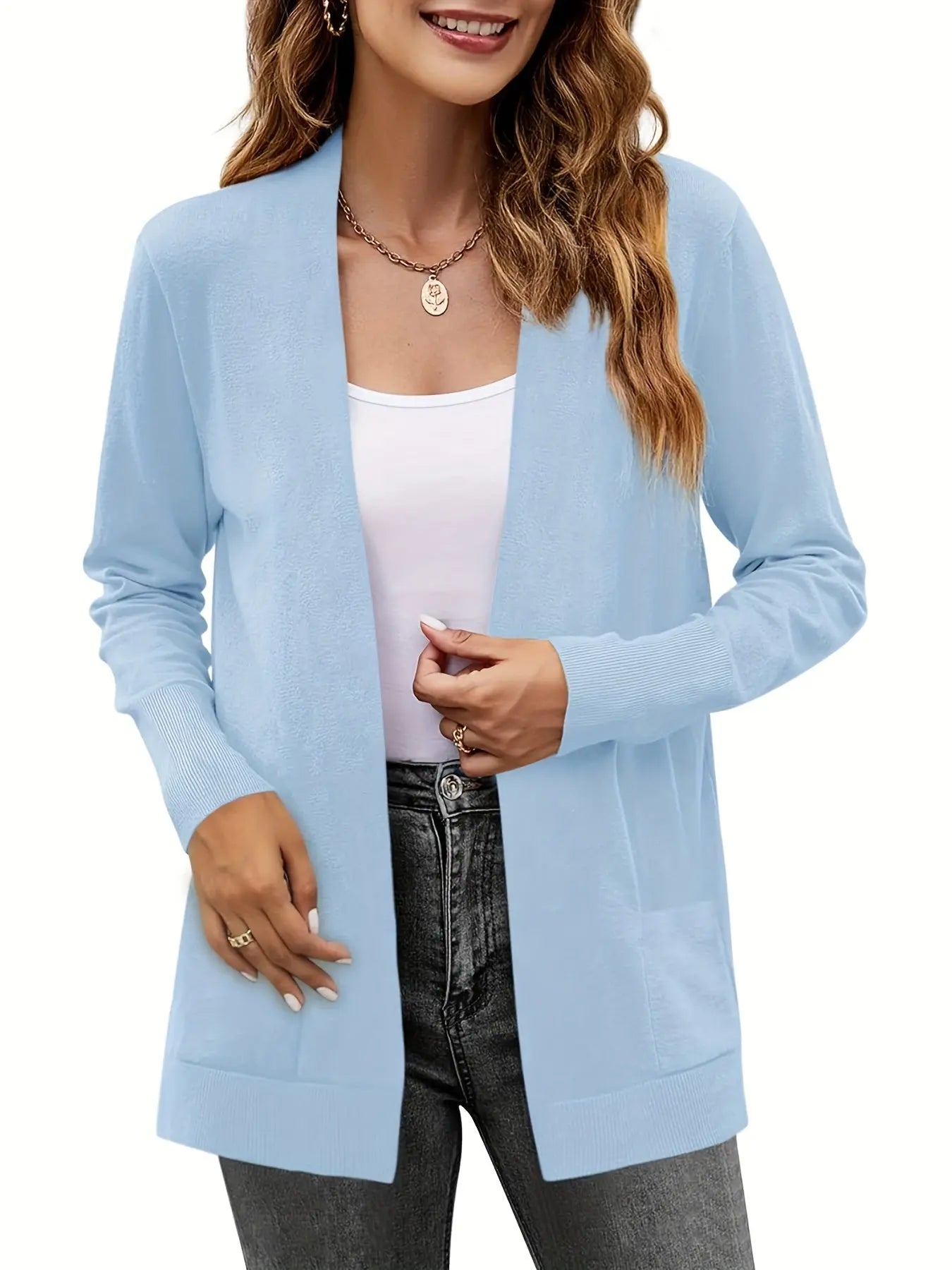 Women's Long Sleeve Open Front Knit Cardigan Sweater with Pockets MyFave Boutique