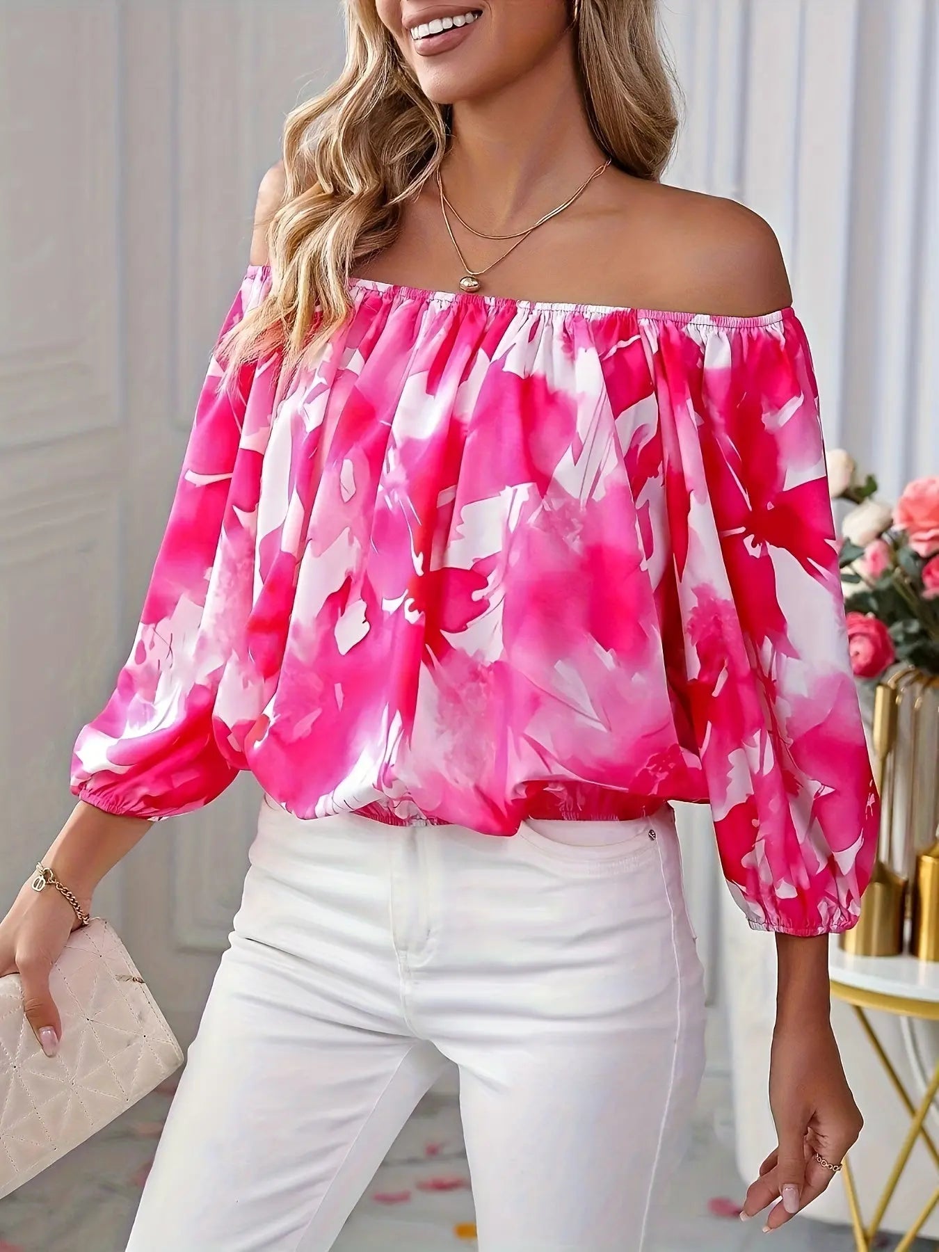 Floral Off-Shoulder Long Sleeve Blouse, Elegant Loose Fit Women's Top MyFave Boutique