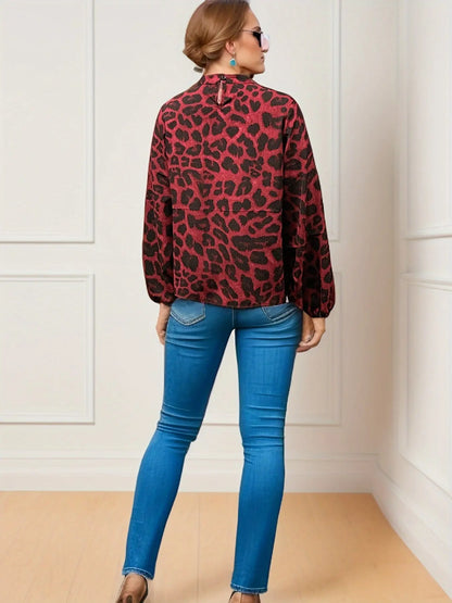 Leopard Print Mock Neck Blouse, Casual Long Sleeve Blouse For Spring & Fall, Women's Clothing MyFave Boutique