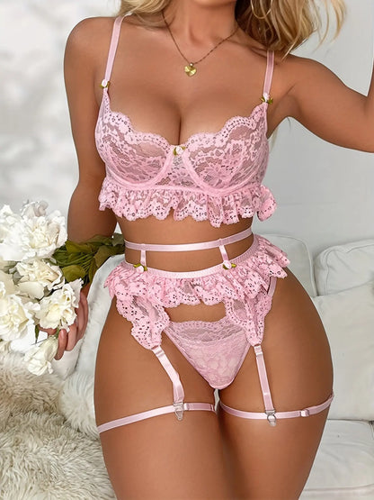 Women's 3 Piece Lace Sexy Mesh See Through Set Bra And G-String With Ruffle Trim Garter Belt, Women's Sexy Lingerie & Underwear MyFave Boutique