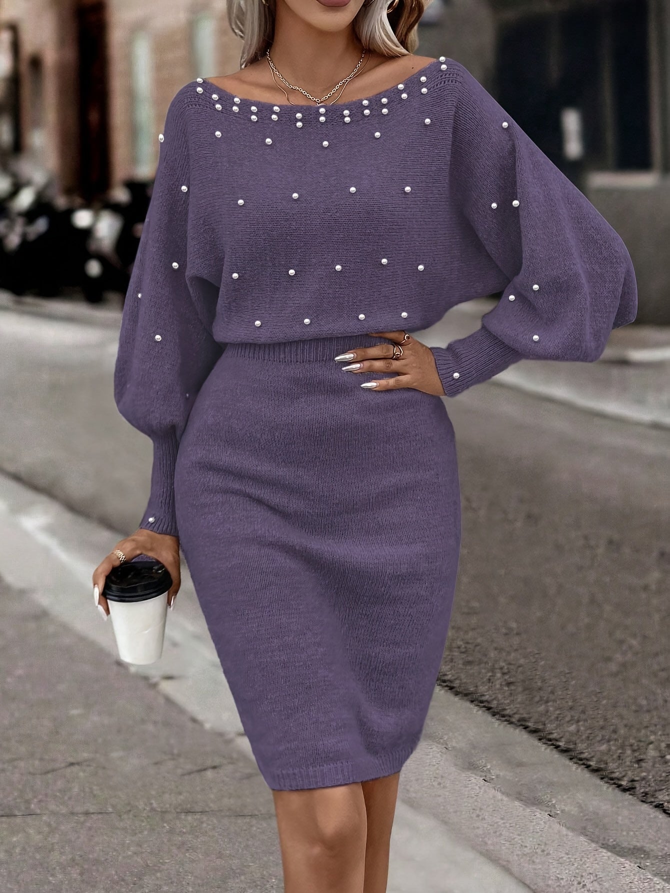 Beaded Boat Neck Bodycon Sweater Dress, Elegant Lantern Sleeve Dress For Spring & Summer, Women's Clothing MyFave Boutique