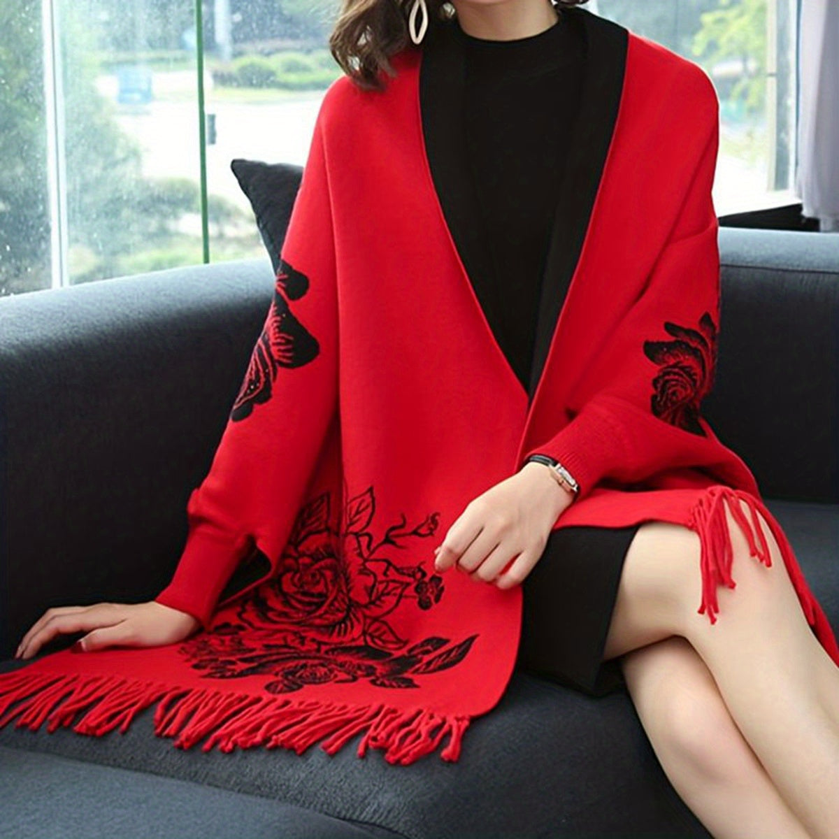 Vintage Jacquard Tassel Cardigan Poncho With Sleeves Stylish Reversible Wear Large Shawl Women's Autumn Winter Windproof Coldproof Large Cape (send 1pc Brooch) MyFave Boutique