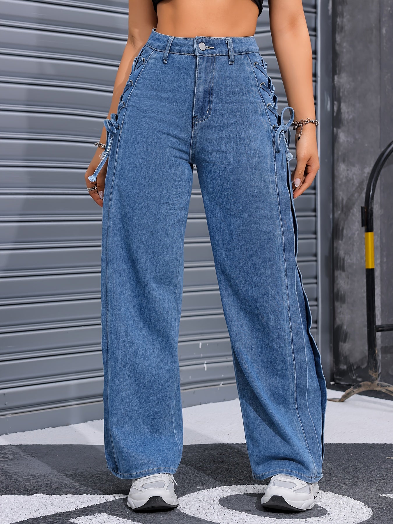 High-Waisted Wide Leg Denim Pants - Lace-Up Closure, Non-Stretch Fabric, Solid Color, Street Style, Customized Fit, All-Season Wear, Comfortable and Chic MyFave Boutique