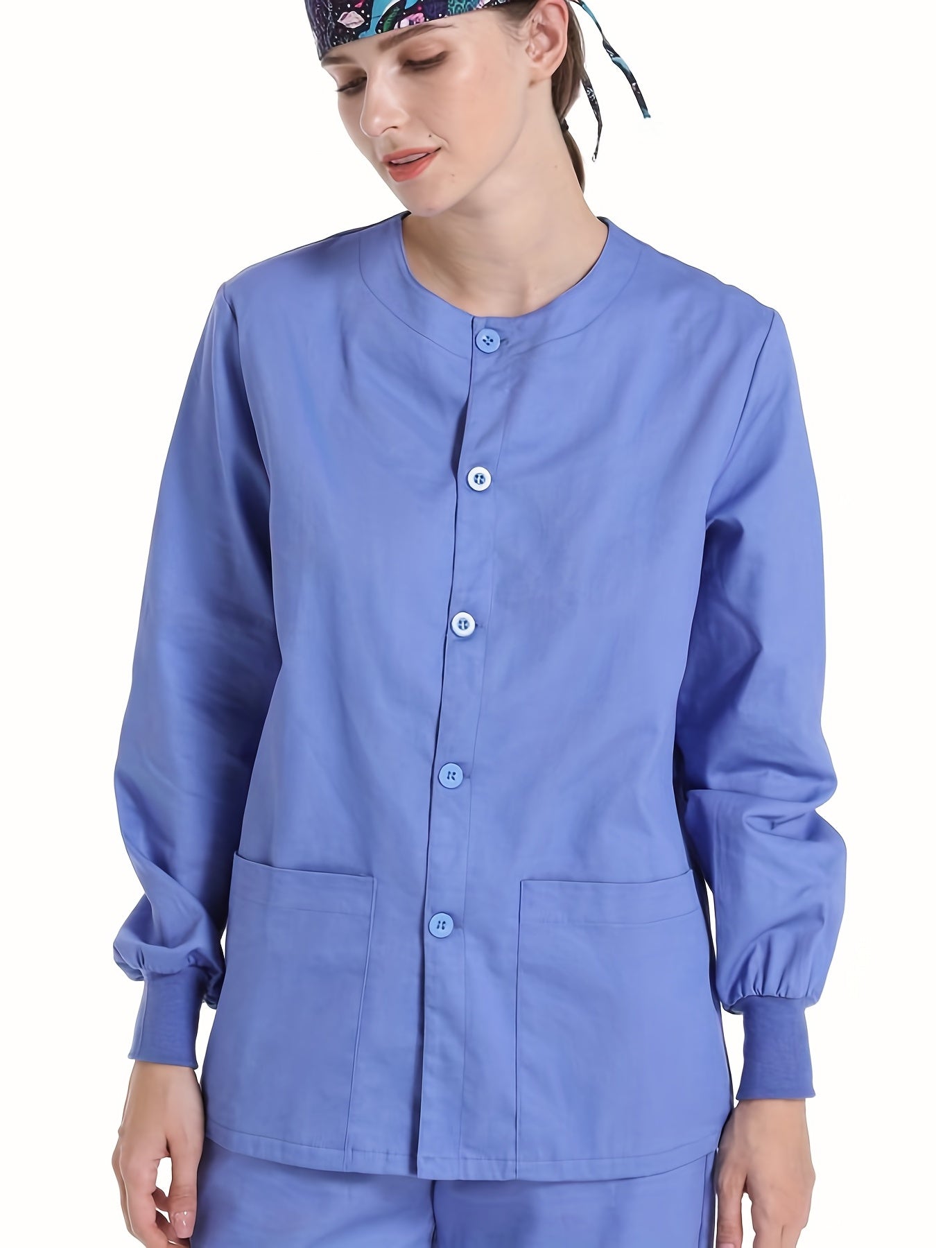 Solid Button Down Scrubs Top, Functional Patched Pockets Long Sleeve Health Care Uniform, Women's Clothing MyFave Boutique