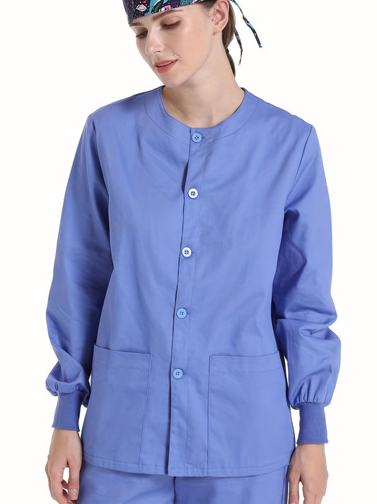 Solid Button Down Scrubs Top, Functional Patched Pockets Long Sleeve Health Care Uniform, Women's Clothing MyFave Boutique