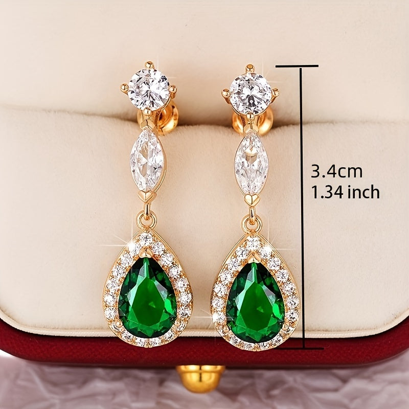 2 Pairs Women Fashion Pendant Earrings Luxury Elegant Green Synthetic Gemstones Bride Wedding Jewelry Surprise Gift for Girlfriend (No Box) MyFave Boutique