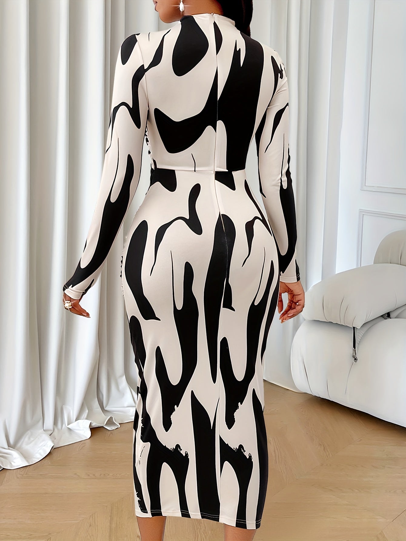 Allover Print Cut Out Crew Neck Dress, Elegant Long Sleeve Bodycon Dress For Spring & Fall, Women's Clothing MyFave Boutique