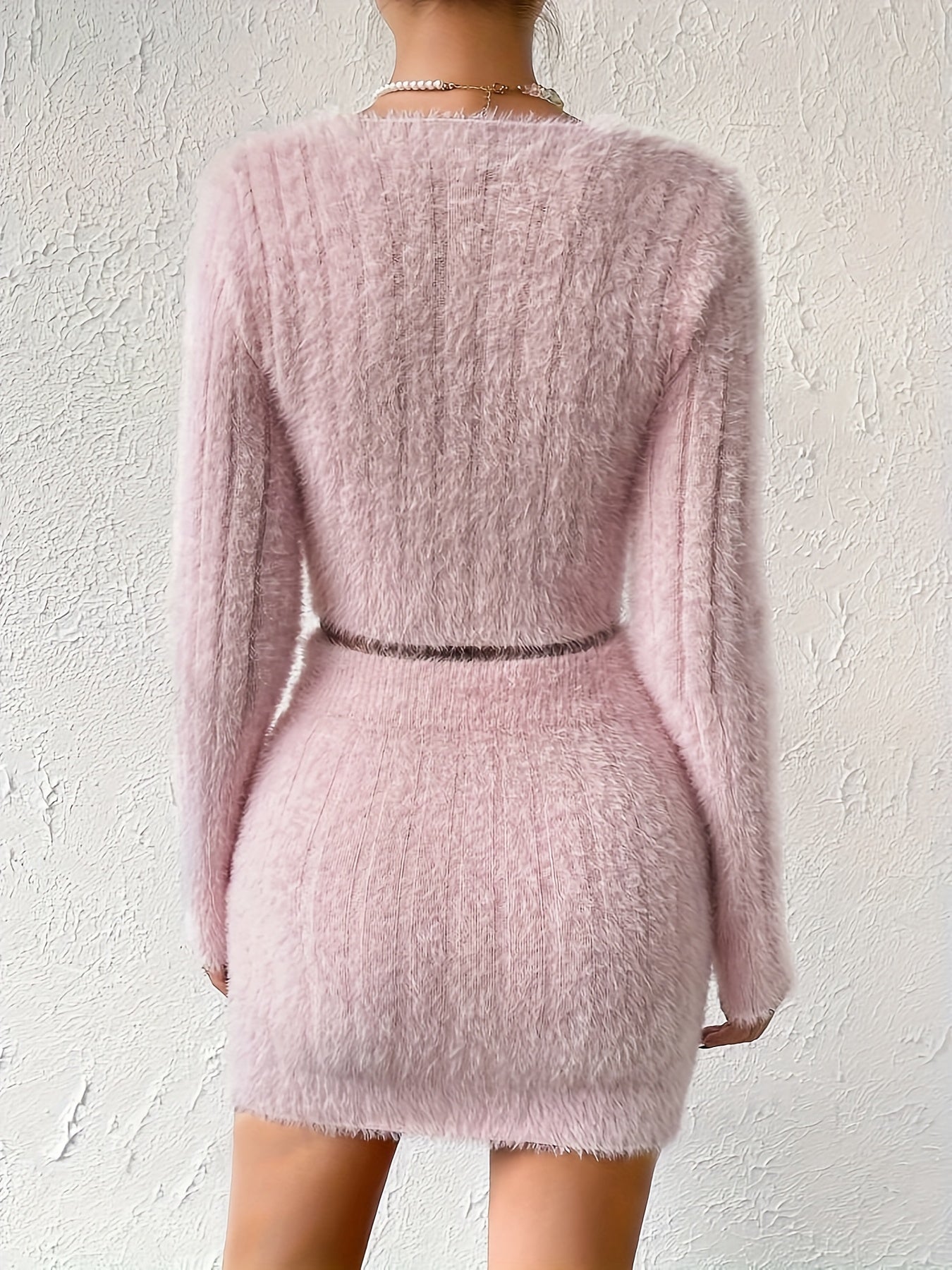 Solid Color Knitted Skirt Set, Casual Long Sleeve Crew Neck Crop Sweater & High Waist Bodycon Mini Skirt Outfits, Women's Clothing MyFave Boutique